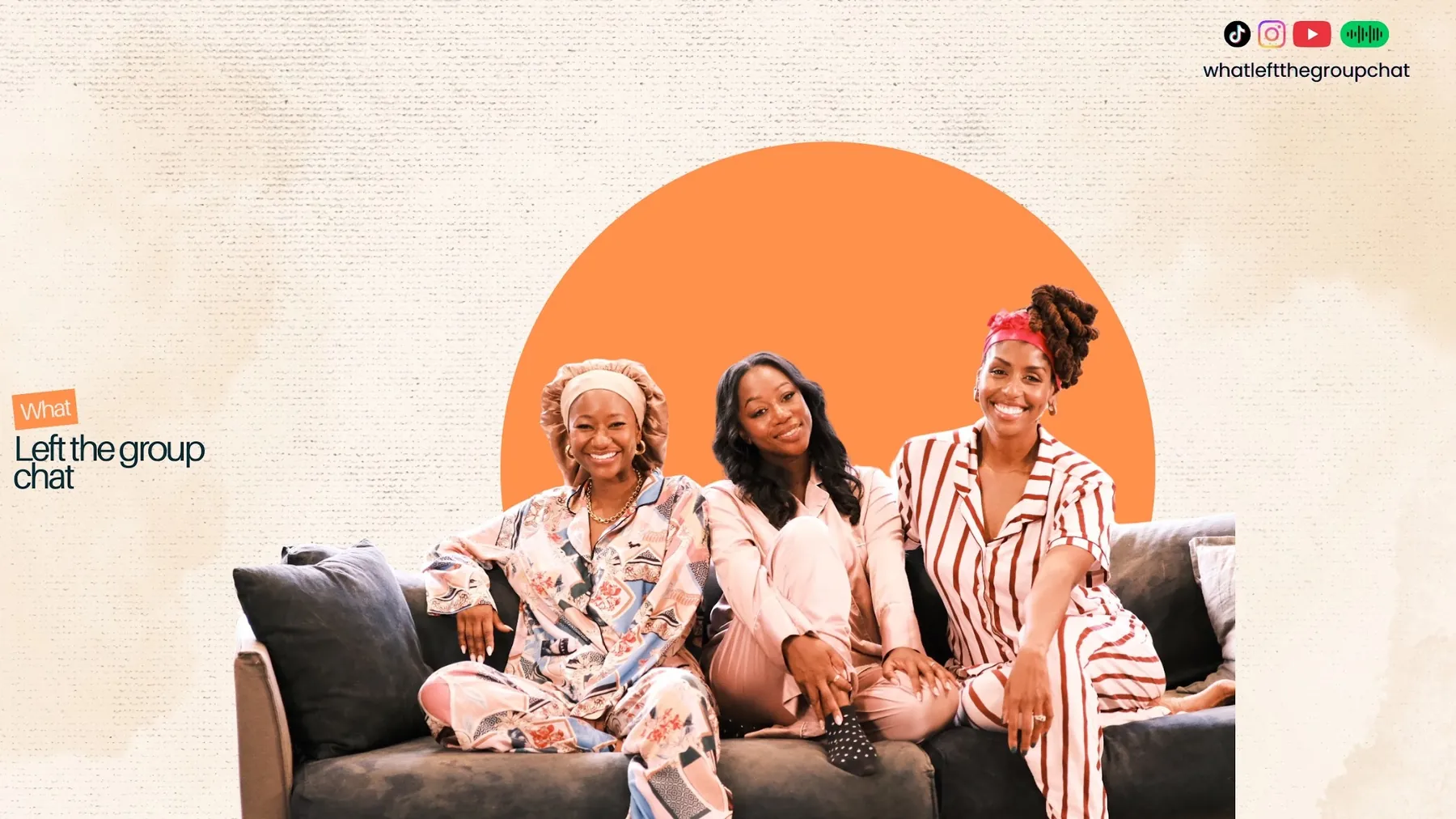 Mati, Tahj and Jill in pyjamas on a couch, the What Left The Group Chat cover shoot